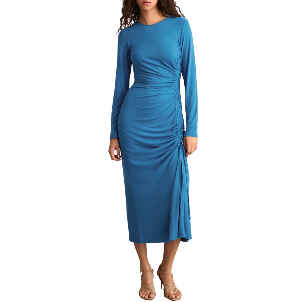 Reiss Rosie Long Sleeve Dress Turquoise Lightweight Jersey Knit Midi Size 12